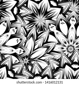 Seamless floral background. Tracery handmade nature ethnic fabric backdrop pattern with saturated dark flowers. Textile design texture. Decorative binary monochrome black and white art. Vector