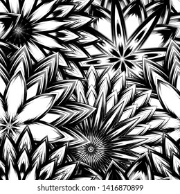 Seamless floral background. Tracery handmade nature ethnic fabric backdrop pattern with saturated dark flowers. Textile design texture. Decorative binary monochrome black and white art. Vector