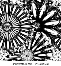 Seamless floral background. Tracery handmade nature ethnic fabric backdrop pattern with saturated dark flowers. Textile design texture. Decorative binary monochrome black and white art. Vector