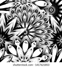 Seamless floral background. Tracery handmade nature ethnic fabric backdrop pattern with saturated dark flowers. Textile design texture. Decorative binary monochrome black and white art. Vector