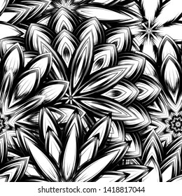 Seamless floral background. Tracery handmade nature ethnic fabric backdrop pattern with saturated dark flowers. Textile design texture. Decorative binary monochrome black and white art. Vector