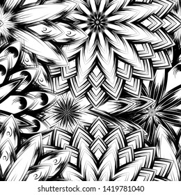 Seamless floral background. Tracery handmade nature ethnic fabric backdrop pattern with saturated dark flowers. Textile design texture. Decorative binary monochrome black and white art. Vector