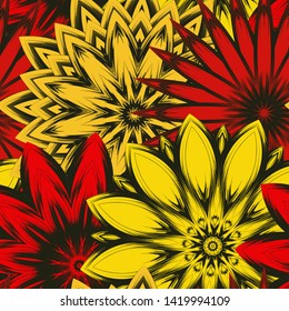 Seamless floral background. Tracery handmade nature ethnic fabric backdrop pattern with saturated dark flowers. Textile design texture. Decorative binary monochrome black and white art. Vector
