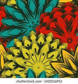 Seamless floral background. Tracery handmade nature ethnic fabric backdrop pattern with saturated dark flowers. Textile design texture. Decorative binary monochrome black and white art. Vector