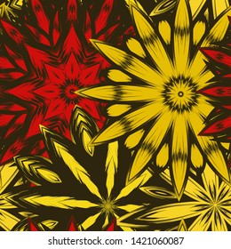 Seamless floral background. Tracery handmade nature ethnic fabric backdrop pattern with saturated dark flowers. Textile design texture. Decorative binary monochrome black and white art. Vector