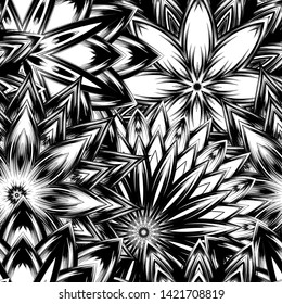 Seamless floral background. Tracery handmade nature ethnic fabric backdrop pattern with saturated dark flowers. Textile design texture. Decorative binary monochrome black and white art. Vector