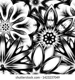 Seamless floral background. Tracery handmade nature ethnic fabric backdrop pattern with saturated dark flowers. Textile design texture. Decorative binary monochrome black and white art. Vector