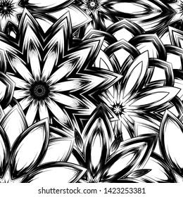 Seamless floral background. Tracery handmade nature ethnic fabric backdrop pattern with saturated dark flowers. Textile design texture. Decorative binary monochrome black and white art. Vector