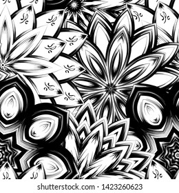 Seamless floral background. Tracery handmade nature ethnic fabric backdrop pattern with saturated dark flowers. Textile design texture. Decorative binary monochrome black and white art. Vector