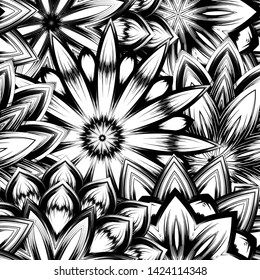 Seamless floral background. Tracery handmade nature ethnic fabric backdrop pattern with saturated dark flowers. Textile design texture. Decorative binary monochrome black and white art. Vector