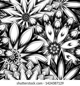 Seamless floral background. Tracery handmade nature ethnic fabric backdrop pattern with saturated dark flowers. Textile design texture. Decorative binary monochrome black and white art. Vector