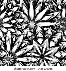 Seamless floral background. Tracery handmade nature ethnic fabric backdrop pattern with saturated dark flowers. Textile design texture. Decorative binary monochrome black and white art. Vector
