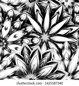 Seamless floral background. Tracery handmade nature ethnic fabric backdrop pattern with saturated dark flowers. Textile design texture. Decorative binary monochrome black and white art. Vector