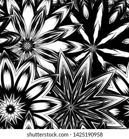 Seamless floral background. Tracery handmade nature ethnic fabric backdrop pattern with saturated dark flowers. Textile design texture. Decorative binary monochrome black and white art. Vector