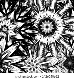 Seamless floral background. Tracery handmade nature ethnic fabric backdrop pattern with saturated dark flowers. Textile design texture. Decorative binary monochrome black and white art. Vector