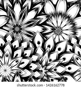 Seamless floral background. Tracery handmade nature ethnic fabric backdrop pattern with saturated dark flowers. Textile design texture. Decorative binary monochrome black and white art. Vector