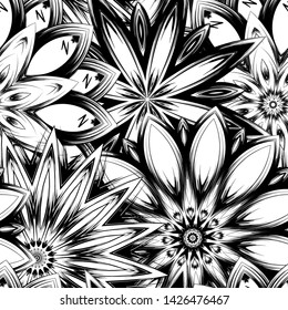 Seamless floral background. Tracery handmade nature ethnic fabric backdrop pattern with saturated dark flowers. Textile design texture. Decorative binary monochrome black and white art. Vector