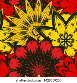 Seamless floral background. Tracery handmade nature ethnic fabric backdrop pattern with flowers. Textile design texture. Decorative color art. Vector