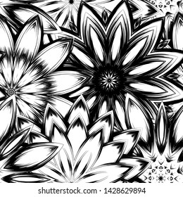 Seamless floral background. Tracery handmade nature ethnic fabric backdrop pattern with saturated dark flowers. Textile design texture. Decorative binary monochrome black and white art. Vector