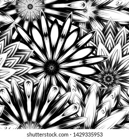 Seamless floral background. Tracery handmade nature ethnic fabric backdrop pattern with saturated dark flowers. Textile design texture. Decorative binary monochrome black and white art. Vector