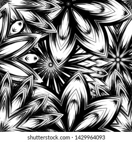 Seamless floral background. Tracery handmade nature ethnic fabric backdrop pattern with saturated dark flowers. Textile design texture. Decorative binary monochrome black and white art. Vector