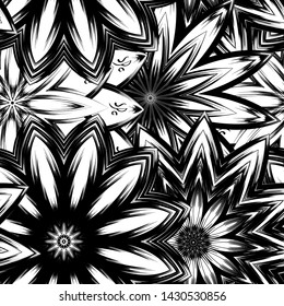Seamless floral background. Tracery handmade nature ethnic fabric backdrop pattern with saturated dark flowers. Textile design texture. Decorative binary monochrome black and white art. Vector