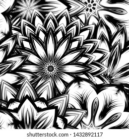 Seamless floral background. Tracery handmade nature ethnic fabric backdrop pattern with saturated dark flowers. Textile design texture. Decorative binary monochrome black and white art. Vector