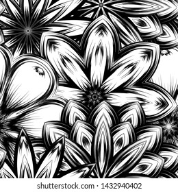 Seamless floral background. Tracery handmade nature ethnic fabric backdrop pattern with saturated dark flowers. Textile design texture. Decorative binary monochrome black and white art. Vector