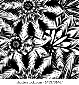 Seamless floral background. Tracery handmade nature ethnic fabric backdrop pattern with saturated dark flowers. Textile design texture. Decorative binary monochrome black and white art. Vector