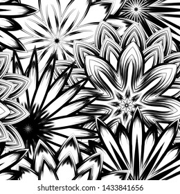 Seamless floral background. Tracery handmade nature ethnic fabric backdrop pattern with saturated dark flowers. Textile design texture. Decorative binary monochrome black and white art. Vector