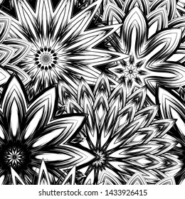 Seamless floral background. Tracery handmade nature ethnic fabric backdrop pattern with saturated dark flowers. Textile design texture. Decorative binary monochrome black and white art. Vector