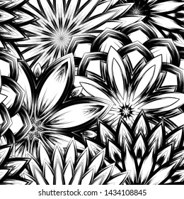 Seamless floral background. Tracery handmade nature ethnic fabric backdrop pattern with saturated dark flowers. Textile design texture. Decorative binary monochrome black and white art. Vector