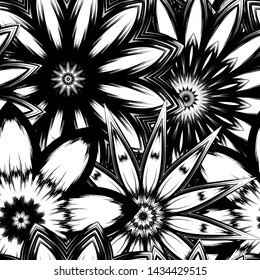Seamless floral background. Tracery handmade nature ethnic fabric backdrop pattern with saturated dark flowers. Textile design texture. Decorative binary monochrome black and white art. Vector