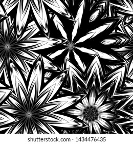 Seamless floral background. Tracery handmade nature ethnic fabric backdrop pattern with saturated dark flowers. Textile design texture. Decorative binary monochrome black and white art. Vector