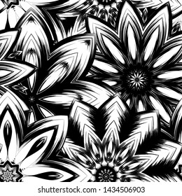 Seamless floral background. Tracery handmade nature ethnic fabric backdrop pattern with saturated dark flowers. Textile design texture. Decorative binary monochrome black and white art. Vector