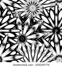 Seamless floral background. Tracery handmade nature ethnic fabric backdrop pattern with saturated dark flowers. Textile design texture. Decorative binary monochrome black and white art. Vector