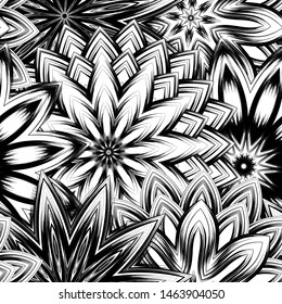 Seamless floral background. Tracery handmade nature ethnic fabric backdrop pattern with saturated dark flowers. Textile design texture. Decorative binary monochrome black and white art. Vector