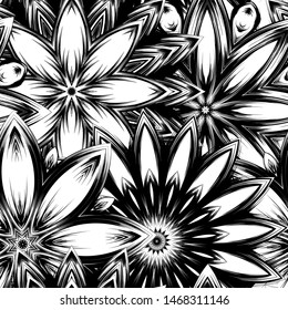 Seamless floral background. Tracery handmade nature ethnic fabric backdrop pattern with saturated dark flowers. Textile design texture. Decorative binary monochrome black and white art. Vector