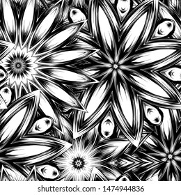 Seamless floral background. Tracery handmade nature ethnic fabric backdrop pattern with saturated dark flowers. Textile design texture. Decorative binary monochrome black and white art. Vector