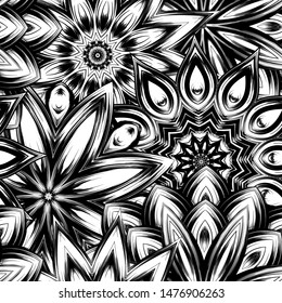 Seamless floral background. Tracery handmade nature ethnic fabric backdrop pattern with saturated dark flowers. Textile design texture. Decorative binary monochrome black and white art. Vector