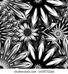 Seamless floral background. Tracery handmade nature ethnic fabric backdrop pattern with saturated dark flowers. Textile design texture. Decorative binary monochrome black and white art. Vector