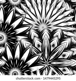Seamless floral background. Tracery handmade nature ethnic fabric backdrop pattern with saturated dark flowers. Textile design texture. Decorative binary monochrome black and white art. Vector