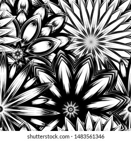 Seamless floral background. Tracery handmade nature ethnic fabric backdrop pattern with saturated dark flowers. Textile design texture. Decorative binary monochrome black and white art. Vector