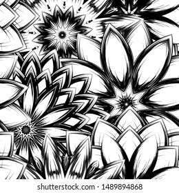 Seamless floral background. Tracery handmade nature ethnic fabric backdrop pattern with saturated dark flowers. Textile design texture. Decorative binary monochrome black and white art. Vector