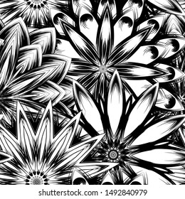Seamless floral background. Tracery handmade nature ethnic fabric backdrop pattern with saturated dark flowers. Textile design texture. Decorative binary monochrome black and white art. Vector