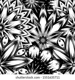 Seamless floral background. Tracery handmade nature ethnic fabric backdrop pattern with saturated dark flowers. Textile design texture. Decorative binary monochrome black and white art. Vector