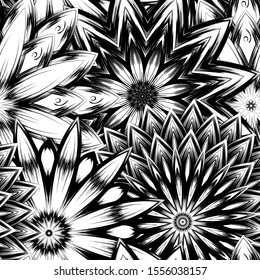 Seamless floral background. Tracery handmade nature ethnic fabric backdrop pattern with saturated dark flowers. Textile design texture. Decorative binary monochrome black and white art. Vector