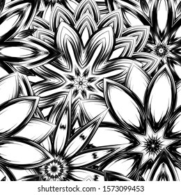 Seamless floral background. Tracery handmade nature ethnic fabric backdrop pattern with saturated dark flowers. Textile design texture. Decorative binary monochrome black and white art. Vector