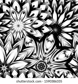 Seamless floral background. Tracery handmade nature ethnic fabric backdrop pattern with saturated dark flowers. Textile design texture. Decorative binary monochrome black and white art. Vector