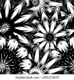 Seamless floral background. Tracery handmade nature ethnic fabric backdrop pattern with saturated dark flowers. Textile design texture. Decorative binary monochrome black and white art. Vector